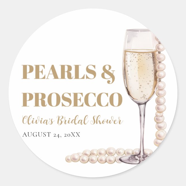 Elegant Modern Pearls and Prosecco Bridal Shower Classic Round Sticker (Front)