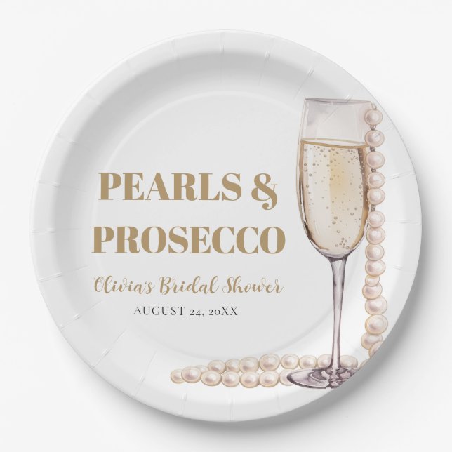Elegant Modern Pearls and Prosecco Bridal Shower Paper Plate (Front)