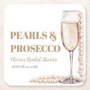 Elegant Modern Pearls and Prosecco Bridal Shower Square Paper Coaster