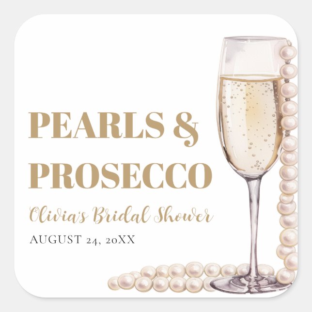 Elegant Modern Pearls and Prosecco Bridal Shower Square Sticker (Front)