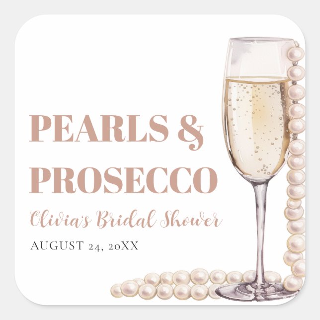 Elegant Modern Pearls and Prosecco Bridal Shower Square Sticker (Front)