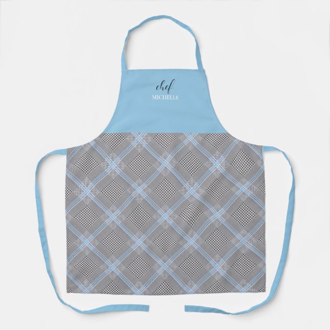 Elegant Modern Personalized Blue Tartan Apron (Front)