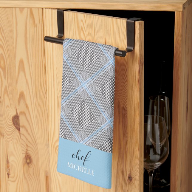 Elegant Modern Personalized Blue Tartan Kitchen Towel (Thirds Fold)