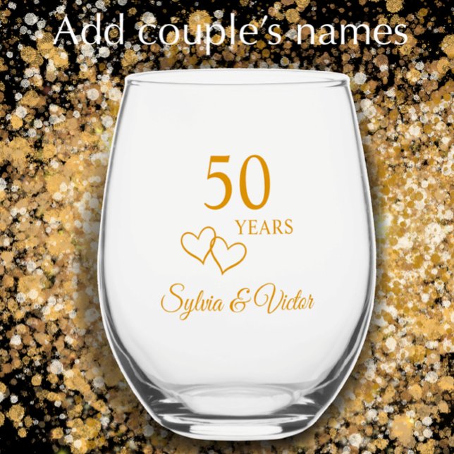 Elegant Modern Personalized Gold 50th Anniversary Stemless Wine Glass (Add couple’s names for personalized golden elegant 50th wedding anniversary keepsake glass gift.
)