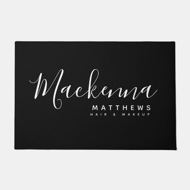 Elegant Modern Personalized Name Black Hairstylist Doormat (Front)