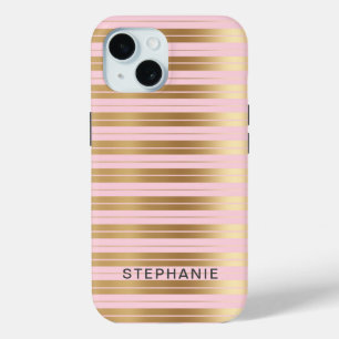 Elegant Modern Personalized Pink and Gold Stripe iPhone 15 Case