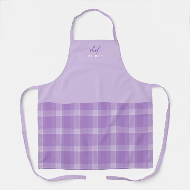 Elegant Modern Personalized Purple Tartan Apron (Front)