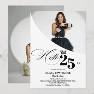 Elegant Modern Photo 25th Birthday White Black Invitation