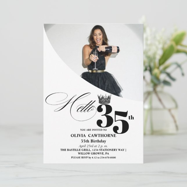 Elegant Modern Photo 35th Birthday White Black Invitation (Standing Front)