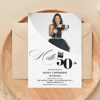 Elegant Modern Photo 50th Birthday White Black Invitation