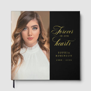 Elegant Modern Photo Black Funeral Memorial Gold Guest Book