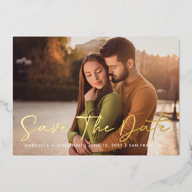 Elegant Modern Photo Save The Date Gold  (Front)