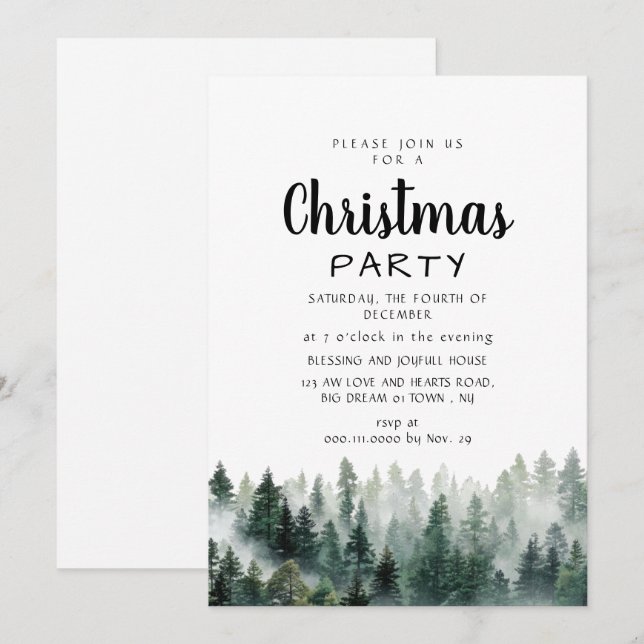 Elegant Modern Pine Forest Christmas Party Invitation (Front/Back)
