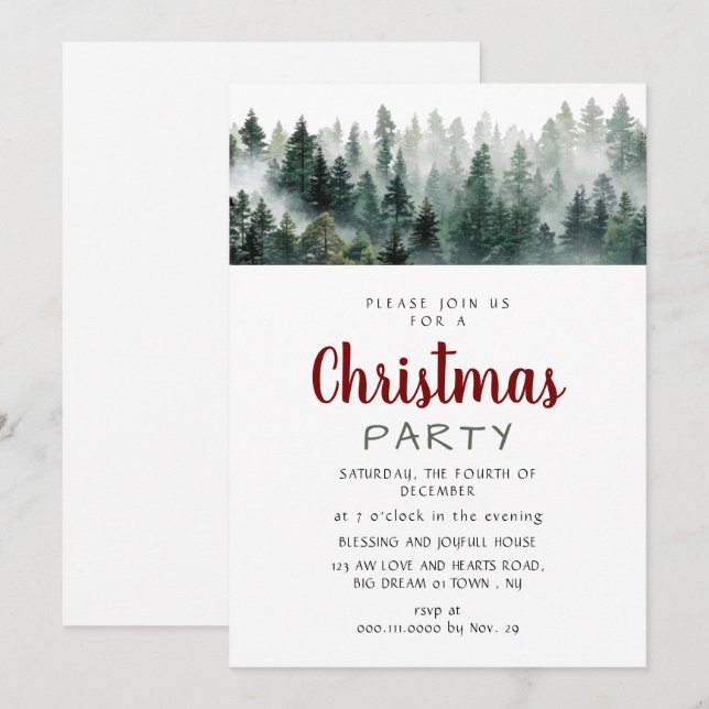 Elegant Modern Pine Forest Christmas Party Invitation (Front/Back)
