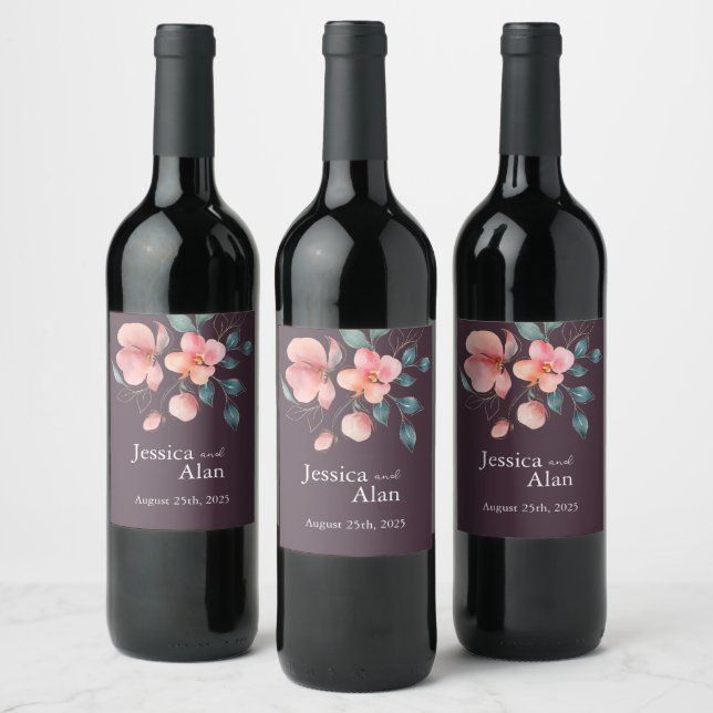Elegant Modern Pink and Gold Floral Wedding Wine Label (Bottles)
