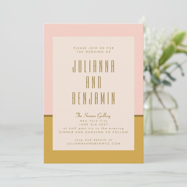 Elegant Modern Pink and Mustard Geometric Wedding Invitation (Standing Front)