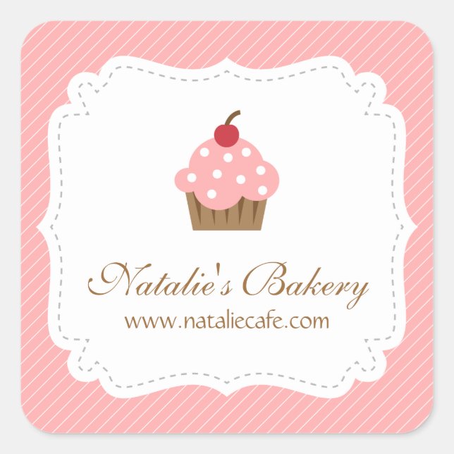 Elegant, Modern, Pink Cupcake, Bakery Square Sticker (Front)