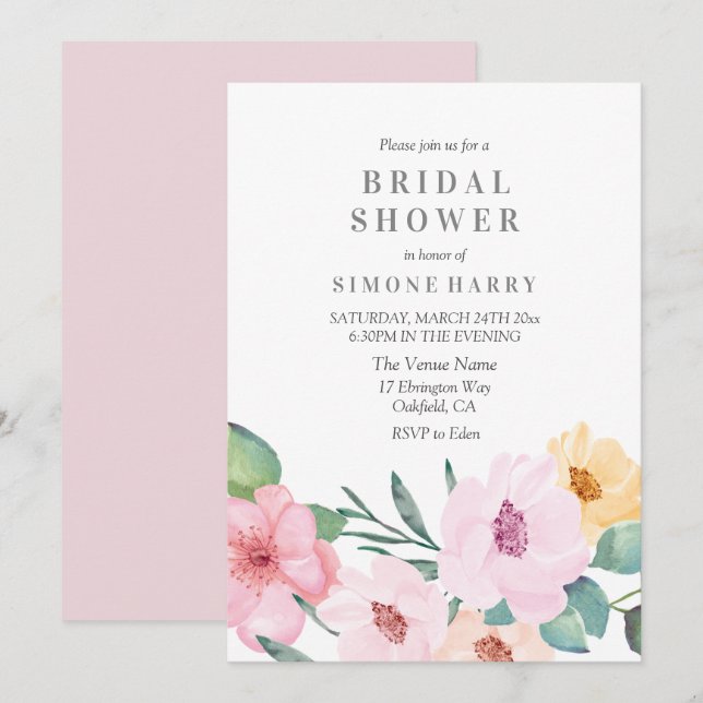 Elegant Modern Pink Floral Bridal Shower Invitation (Front/Back)