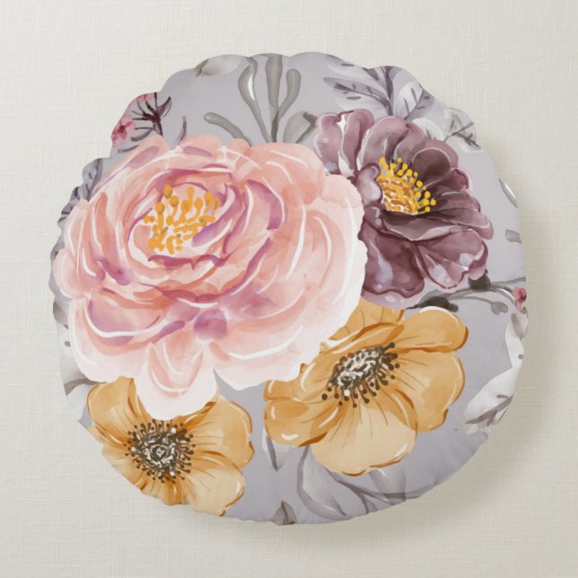  Elegant Modern Pink Floral Round Pillow (Front)