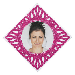 Elegant Modern Pink Glitter Floral Photo Graduate Graduation Cap Topper