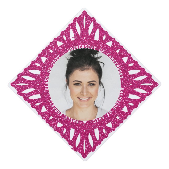 Elegant Modern Pink Glitter Floral Photo Graduate  Graduation Cap Topper (Front)