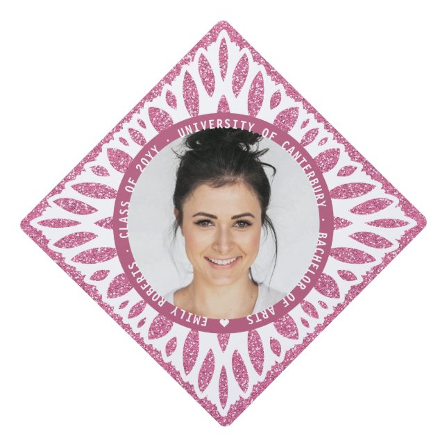 Elegant Modern Pink Glitter Floral Photo Graduation Cap Topper (Front)