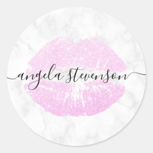Elegant modern pink glitter lips white marble classic round sticker