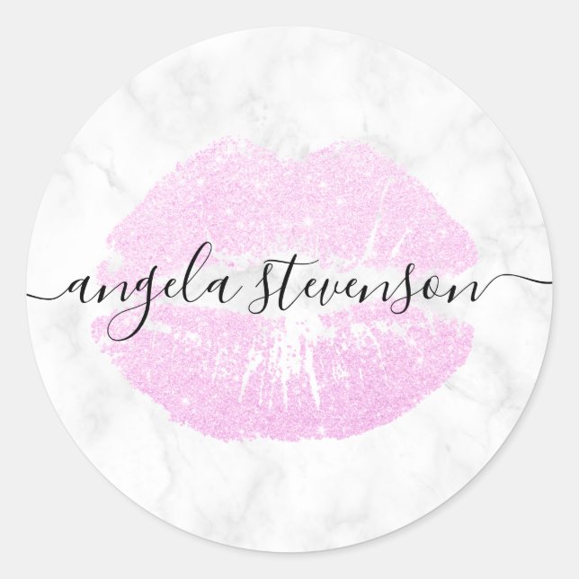 Elegant modern pink glitter lips white marble classic round sticker (Front)