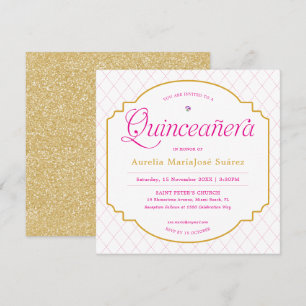 Elegant Modern Pink Gold Glitter Quinceañera Invitation