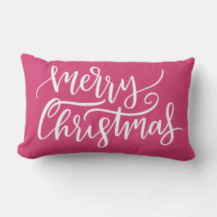 Elegant Modern Pink Merry Christmas Calligraphy Lumbar Pillow