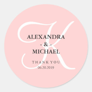 Elegant Modern Pink Monogram and Thank You Classic Round Sticker