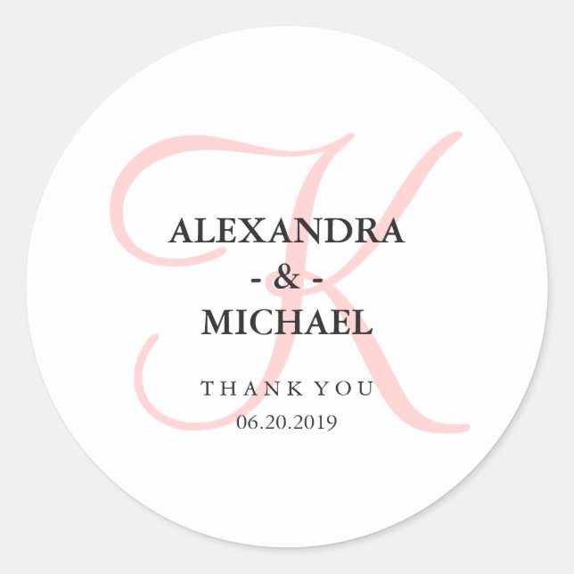 Elegant Modern Pink Monogram Wedding Classic Round Sticker (Front)