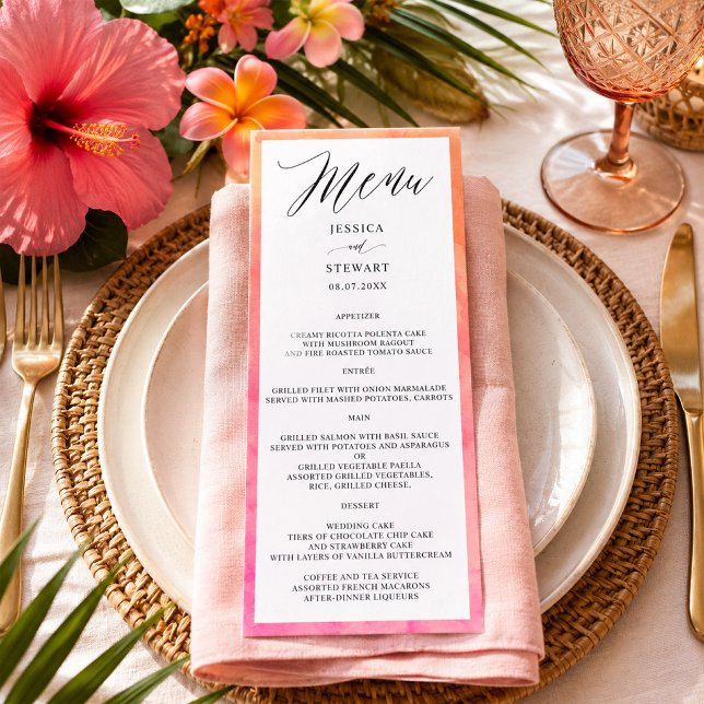 Elegant Modern Pink Orange Watercolor Wedding Menu (Elegant Modern Pink Orange Watercolor Wedding Menu)