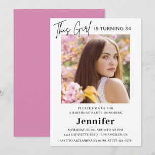 Elegant Modern Pink Photo 34th birthday Invitation