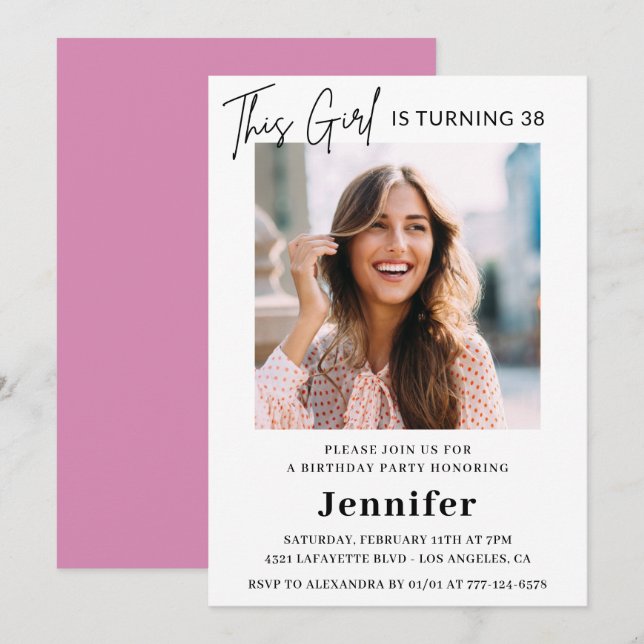 Elegant Modern Pink Photo 38th birthday Invitation (Front/Back)