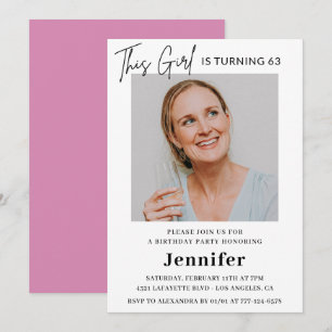 Elegant Modern Pink Photo 63rd birthday Invitation