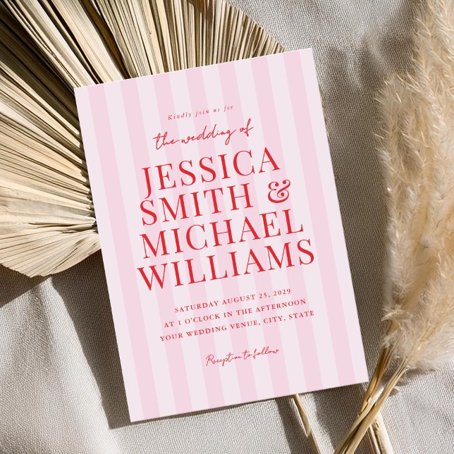 Elegant Modern Pink Red Striped Wedding Invitation (Creator Uploaded)