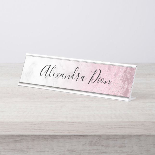 Elegant modern pink rose gold glitter marble desk name plate (Front)