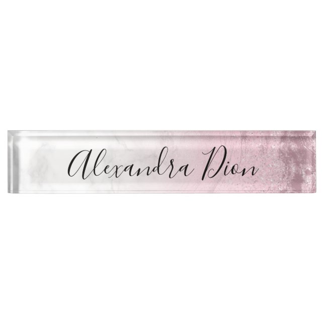 Elegant modern pink rose gold glitter marble nameplate (Front)
