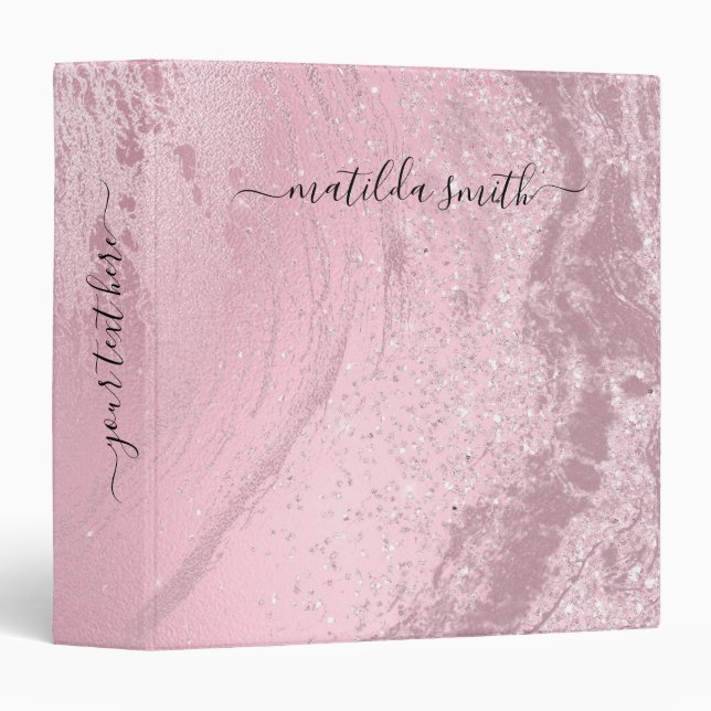 Elegant modern pink rose gold marble glitter binder (Front/Spine)