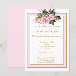 ELEGANT MODERN PINK WHITE GOLD FLORAL WEDDING INVITATION