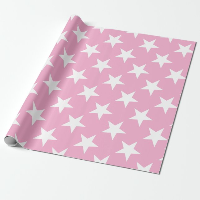 Elegant Modern Pink White Stars Cute Design Gift Wrapping Paper (Unrolled)