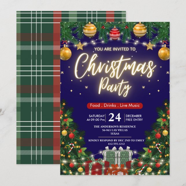 Elegant Modern Plaid Green Christmas Party  Invitation (Front/Back)