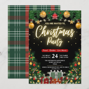 Elegant Modern Plaid Green Christmas Party  Invitation