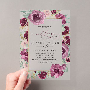 Elegant Modern Plum Gold Botanical Floral Wedding Acrylic Invitations