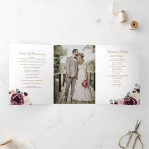 Elegant Modern Plum Gold Botanical Floral Wedding  Tri-Fold Programme