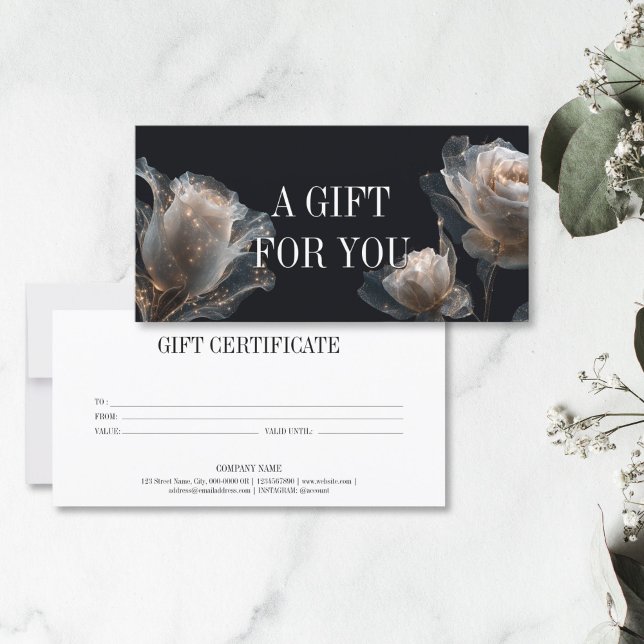 Elegant Modern Professional Gift Certificate (elegant glitter white rose on the black background, gift certificate)