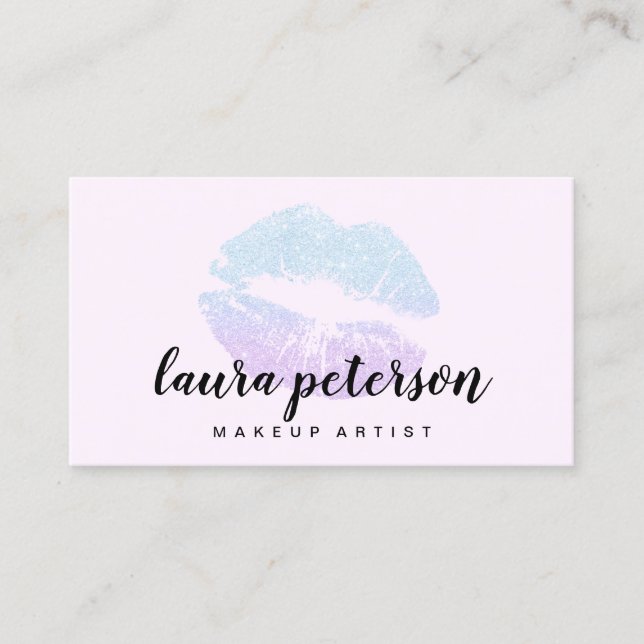 Elegant modern purple blue glitter lips makeup business card (Front)