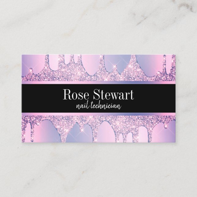 Elegant modern purple glitter drips nails business card (Front)