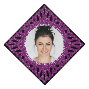 Elegant Modern Purple Glitter Floral Photo Graduation Cap Topper